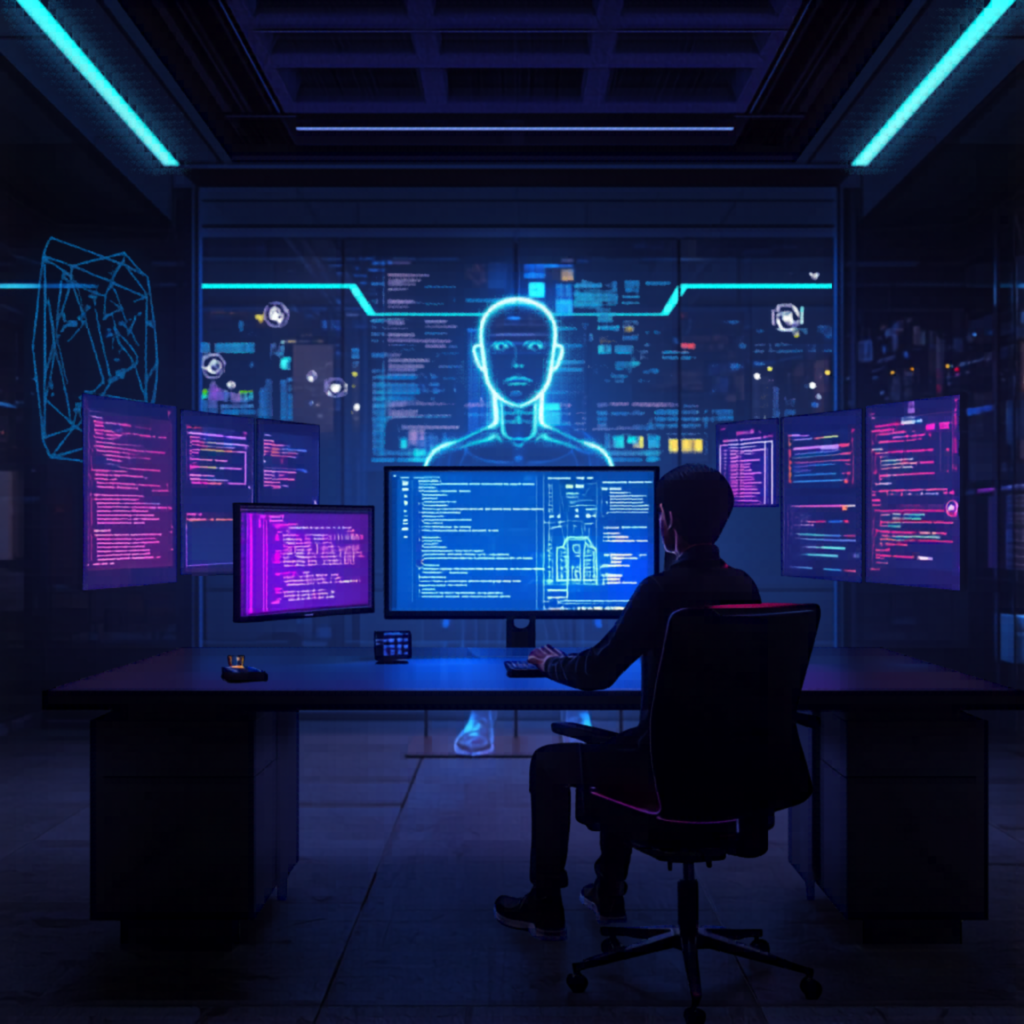 future of AI in software development with developer using advanced AI systems and holographic coding interface